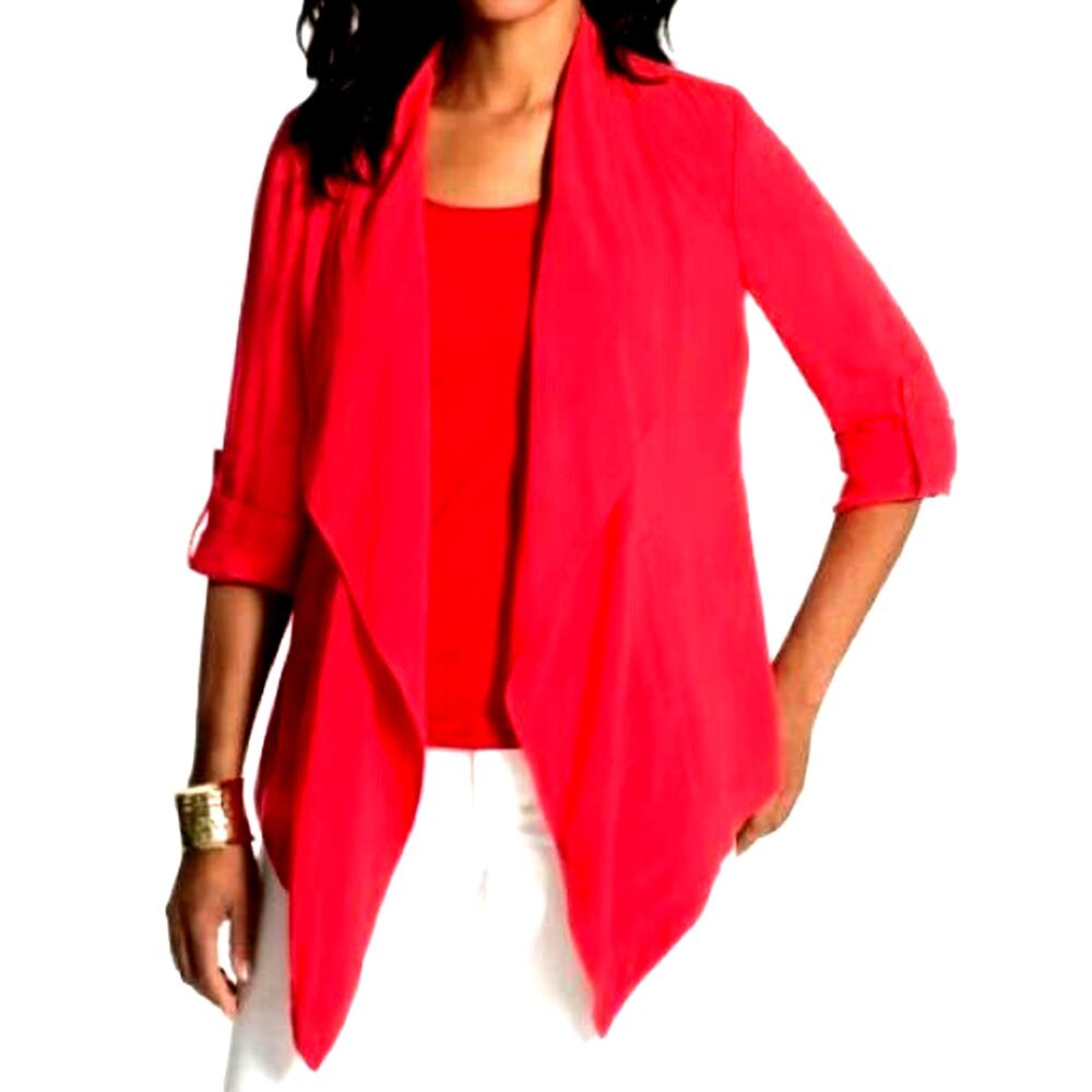 CHICO'S NWT Womens 2 Large Red Hi Lo Roll Tab Pockets Open Cover Up Shirt Jacket